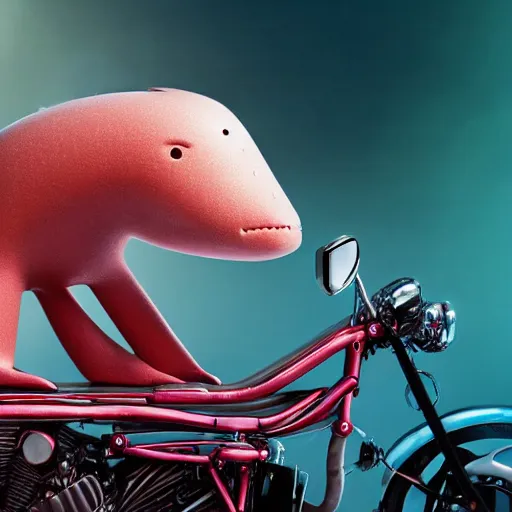 Prompt: giant axolotl riding a futuristic motorcycle, highly detailed, photograph