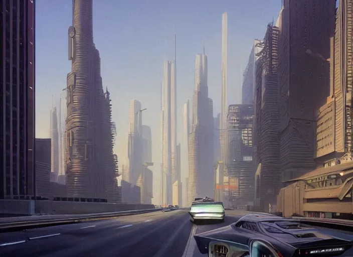 Prompt: a car driving down a street next to tall buildings the night at 9:00 am, cyberpunk art by Chesley Bonestell, cgsociety, retrofuturism, matte painting, reimagined by industrial light and magic