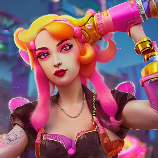 Image similar to Princess peach mixed with jinx from league of legends, dancing, background jet ground radio, fullshot, raytrayced, octane render, epic composition, intricate details, hyperrealist, dark neon punk, by Alessandro Barbucci, Barbara Canepa