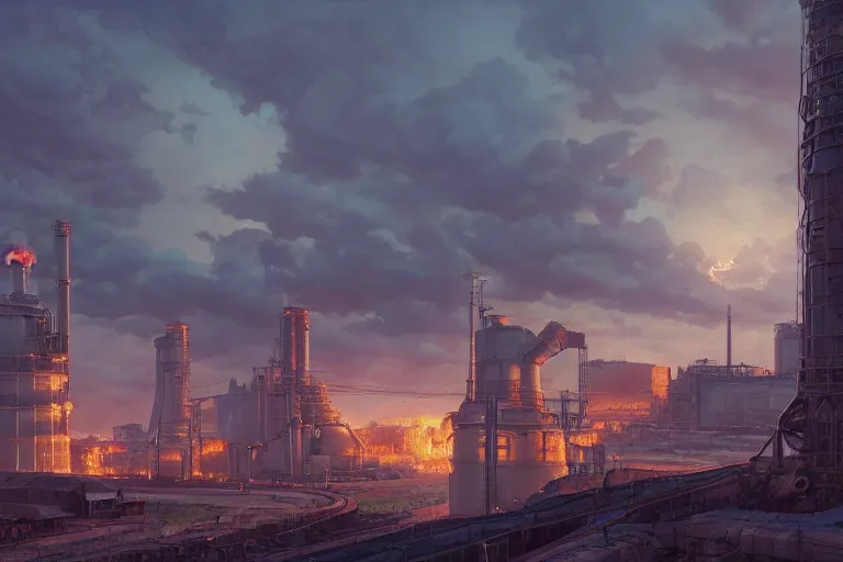 Image similar to a highly detailed matte painting of a soviet steampunk nuclear power plant on fire at night by studio ghibli, makoto shinkai, by artgerm, by wlop, by greg rutkowski, volumetric lighting, octane render, 4 k resolution, trending on artstation, masterpiece