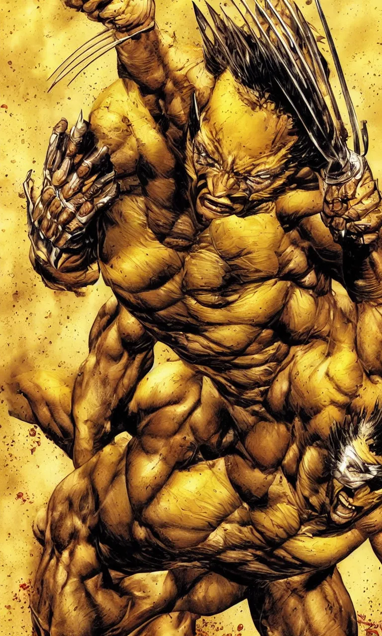 Prompt: elegant detailed artwork of wolverine character redesign by lee bermejo and simon bisley, yellow and red color scheme