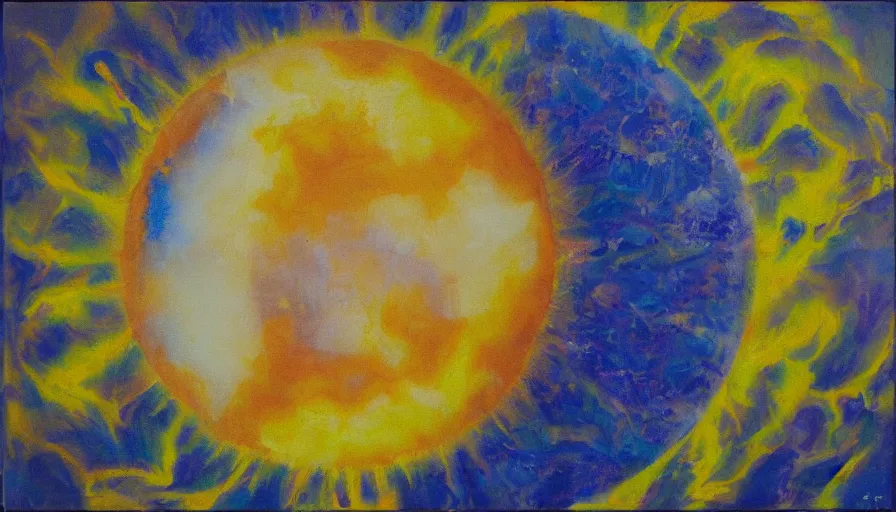 Image similar to the sun seen from earth with a hexagonal shield in between, oil painting