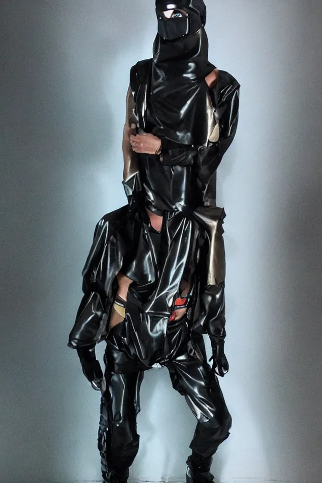 Image similar to androgynous ninja shaman tunic made of latex, radio goggles, techwear, iridiscent fabric, cinematic lighting at night, wet floors, neon, phil hale, masterpiece