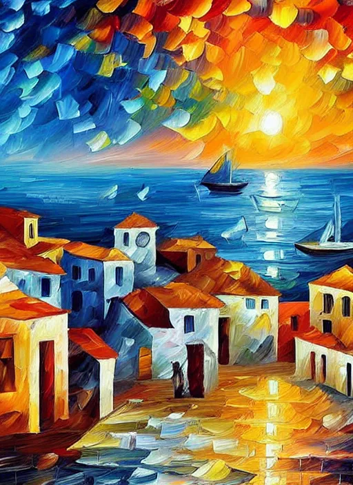 Image similar to beautiful seaside greek village in the style of leonid afremov