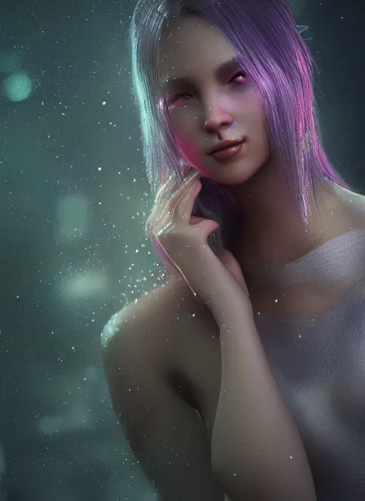 Image similar to Female, Fantasy, Bokeh, Ethereal, Aesthetic, by NIXEU, Trending on ArtStation, Octane Render