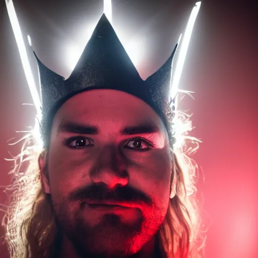 Image similar to man with a crown, smirk, photograph, black backgrounds, glowing red eyes, thor