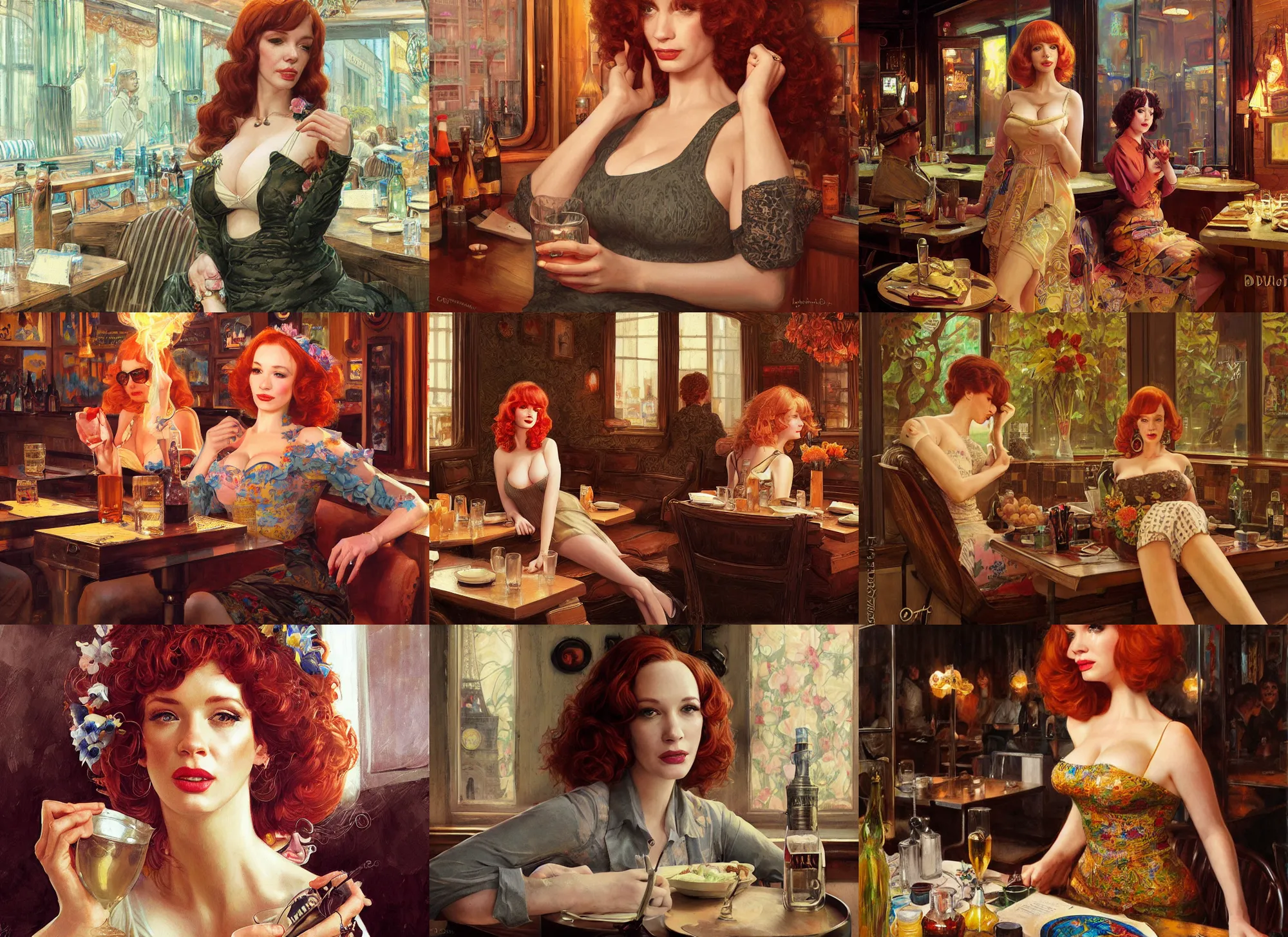 Image similar to sophisticated Christina Hendricks as a 1960s flower hippie relaxing in a smokey Paris tavern, elegant, highly detailed, shallow depth of field, concept art, Artstation, Artgerm, Donato Giancola, Joseph Christian Leyendecker