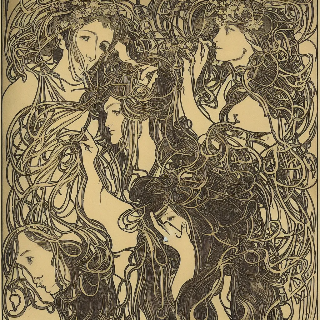 Image similar to organic psychedlic engraving by alphonse mucha and gustave klint