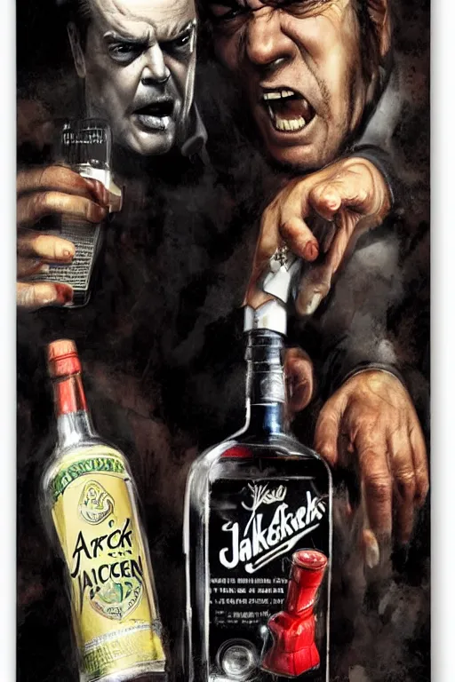 Image similar to a bottle of jack nicholson, jack nicholson inside the bottle, by artgerm and greg rutkowski