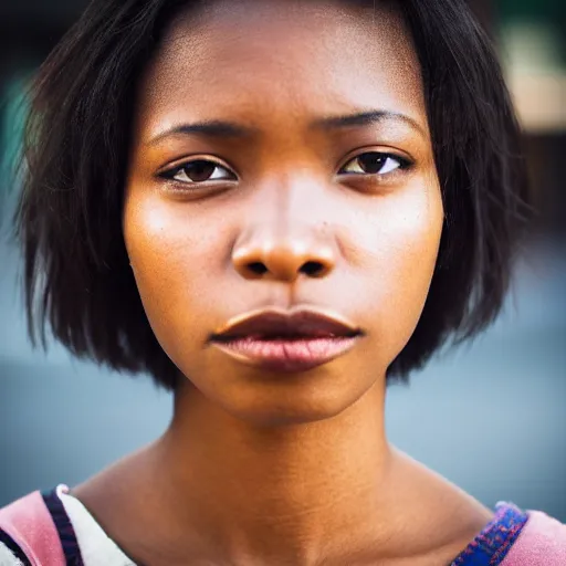 Image similar to portrait face of a beautiful gorgeous black edgy model girl with short hair, she's sad, sunset, street of hong kong, 8 0 mm lens, 1. 2 aperture, grainy image, close up, cinematic light, 8 k, 4 k, very detailed, depressing atmosphere, cover magazine