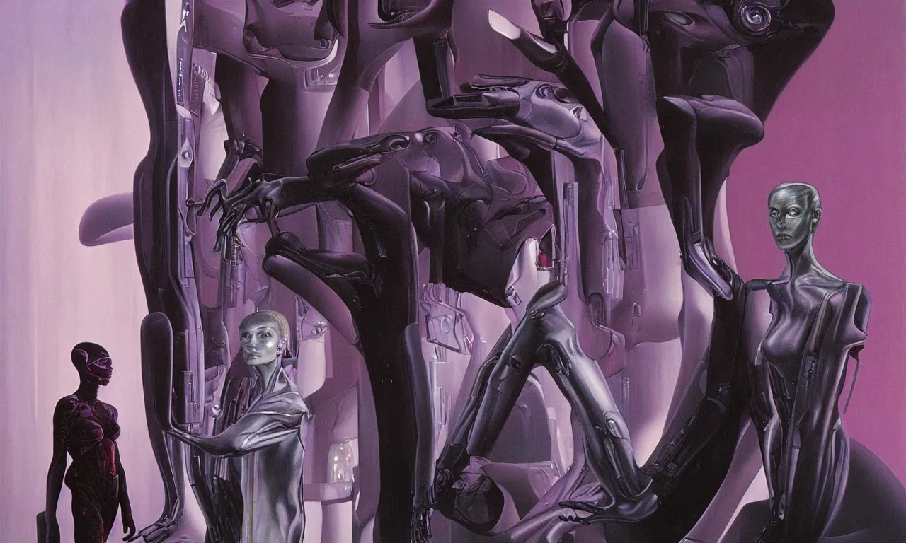 Image similar to futuristic painting by wayne barlowe. portrait of a slick futuristic cyborg with lcd screen skin looking at a painting of a beautiful woman staring at them. juxtaposition. intricate details