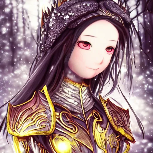 Image similar to focus face portrait of beautiful darkness knight 3D anime girl, golden armor wearing, dark forest background, snowing, bokeh, inspired by Masami Kurumada, digital painting, high contrast, unreal engine render, volumetric lighting, high détail