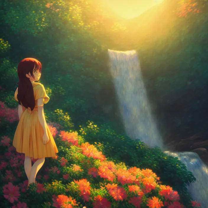 Prompt: an epic makoto shinkai and renoir surreal landscape of a woman's long brown hair and a waterfall, 🌺, golden hour, ultra smooth, lois van baarle, ilya kuvshinov, unreal engine, blender, trending on artstation, suntur, caleb worcester, highly detailed, photorealism, bloom effect 8 k