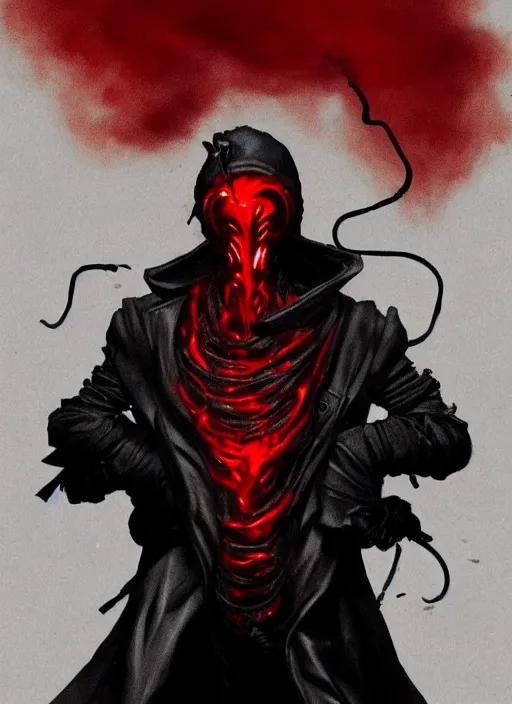 Prompt: half body portrait of an evil deity, a squid man in black mask and black rugged long trench coat made of smoke, red aura. in style of yoji shinkawa and hyung - tae kim, trending on artstation, dark fantasy, great composition, concept art, highly detailed, dynamic pose.