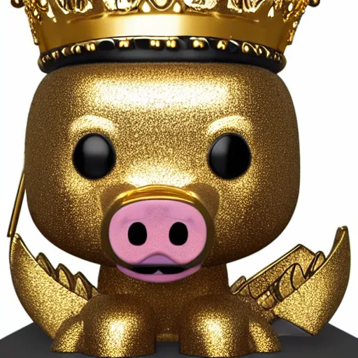 Image similar to A funko pop of a bag of a pig in a gold crown