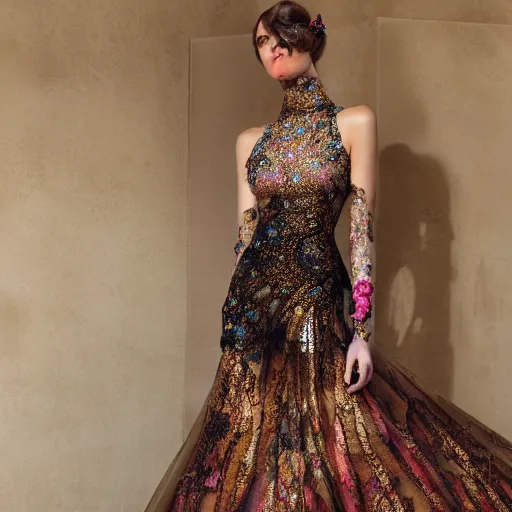 Image similar to exclusive evening dress made of bronze transparent fabric fantasy with colored flower petals made of fabric. intricate asymmetrical patterns. an elegant hat. hyperrealistic photos, clear details.