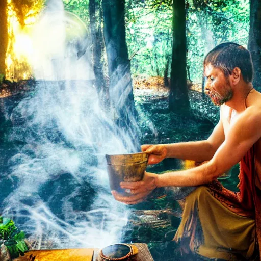 Prompt: a shaman preparing a magic decoction in a dreamy atmosphere, 4 k, 3 d, photo