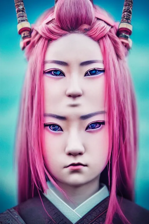 Image similar to highly detailed beautiful photo of a young female samurai, symmetrical face, beautiful eyes, pink hair, realistic anime art style, 8 k, award winning photo, pastels colours, action photography, 1 / 1 2 5 shutter speed, sunrise lighting