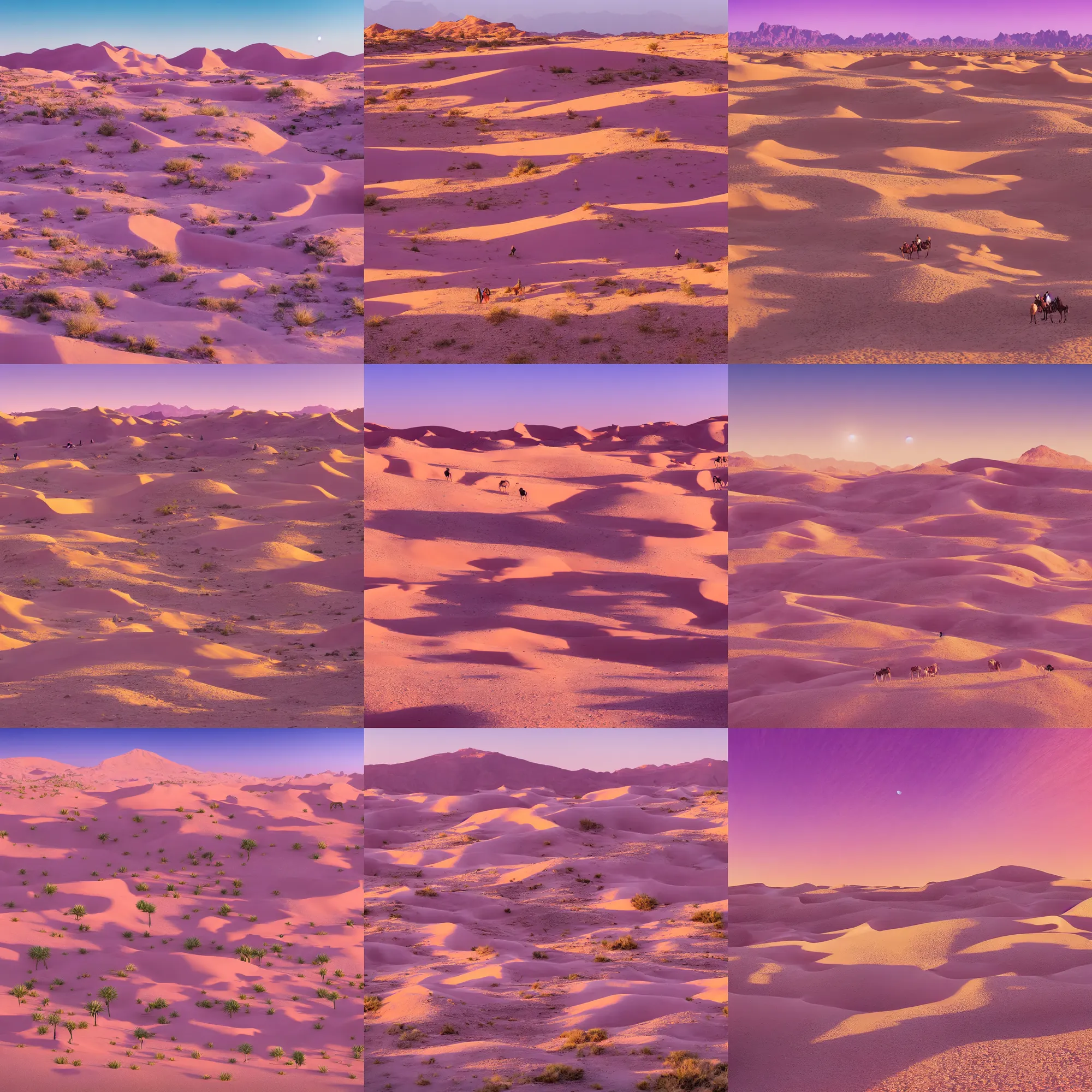 Prompt: desert dunes with crystal mountains on the background, pink and purple,Camels with people, artistic, fantasy landscape, Arabian night, treasure city, dramatic light, highly detailed, wide shot, photorealistic, golden hour, oasis infront, super wide shot, intricate