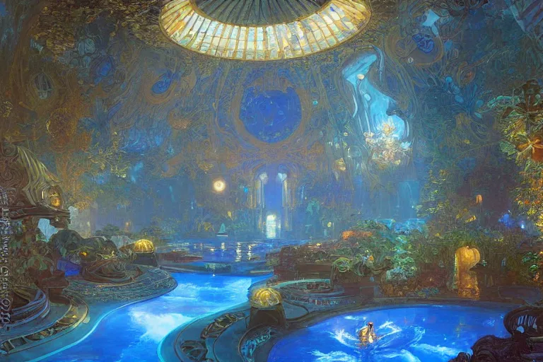 Prompt: Concept Digital Art Highly detailed Art Deco Cybertronian lazy river inside of the Palace of the Primes with glowing blue water at night by greg rutkowski, Ilya repin, alphonse mucha, and Edmund Blair Leighton. Very highly detailed 8K, Digital painting, the golden ratio, rational painting