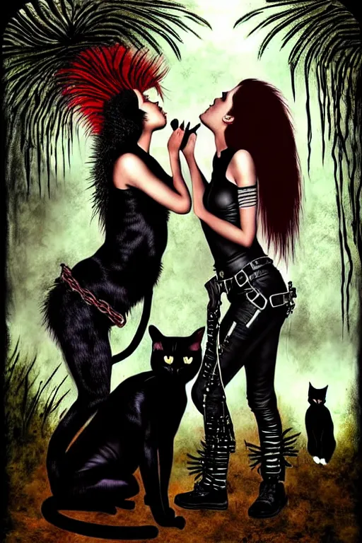 Image similar to punk rock girls kissing and making selfie with black cats in jungle , 1980 style, mad max jacket, post apocalyptic, Cyberpunk, renaissance, Gothic, mystic, highly detailed, digital painting, 4k, fog, oil painting by Leonardo Da Vinci, hyper realistic style, fantasy by Olga Fedorova