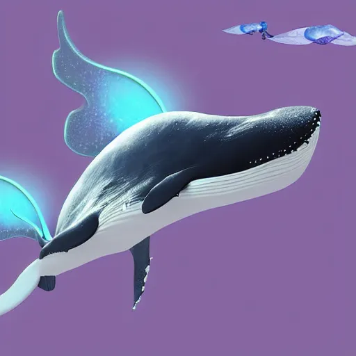 Image similar to photomanipulation of a whale that has tiny fairy wings, inspired by fairy tooth's wings, fully detailed