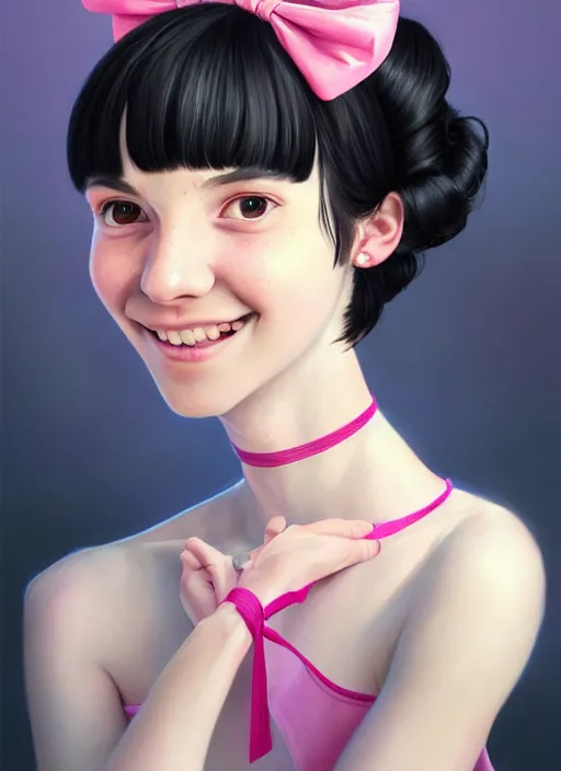 Image similar to portrait of high school girl, realistic, black hair, bangs, half updo hairstyle, pointy nose, skinny, smile, ugly, defined jawline, big chin, pink hair bow, earrings, intricate, elegant, glowing lights, highly detailed, digital painting, artstation, sharp focus, illustration, art by wlop, mars ravelo and greg rutkowski