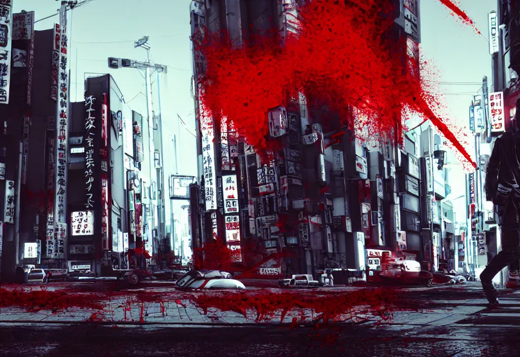 Prompt: tokyo city streets in blood, by cyberpunk style, max payne standing in blood, trending on artstation, cinematic, realistic buildings windows cars, realistic peoples, extreamly detailed, golden ratio, awesome greate composition, color balance harmony, physical correct light shadows, awesome exposition, like in real life, octane render 8 k, art by shonen gahosha, hyper realistic