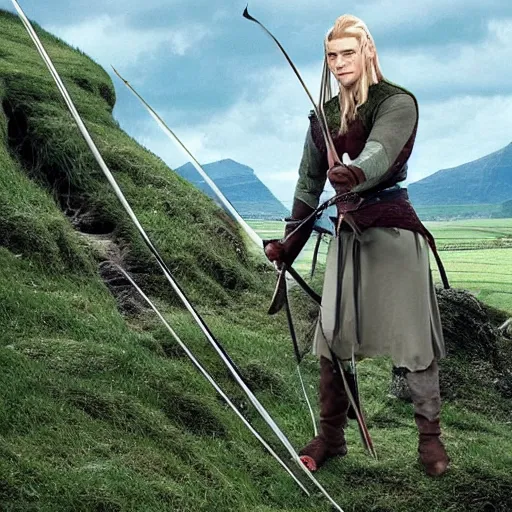 Prompt: legolas from lord of the rings watched enviously how a goblin surfed the grasslands of the shire