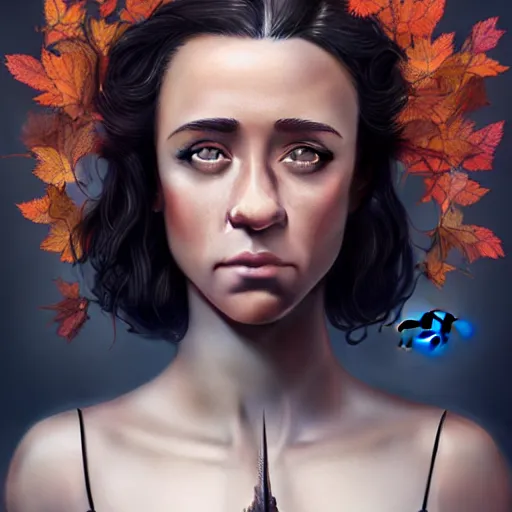 Prompt: gorgeous female stella maeve magician, realistic character concept, overhead shot, drone shot, elegant pose, spooky, illustration, symmetrical face and body, cinematic lighting, detailed realistic symmetrical eyes, 8 k, joshua middleton, artgerm, tom bagshaw, single face, insanely detailed and intricate elegant, autumn leaves