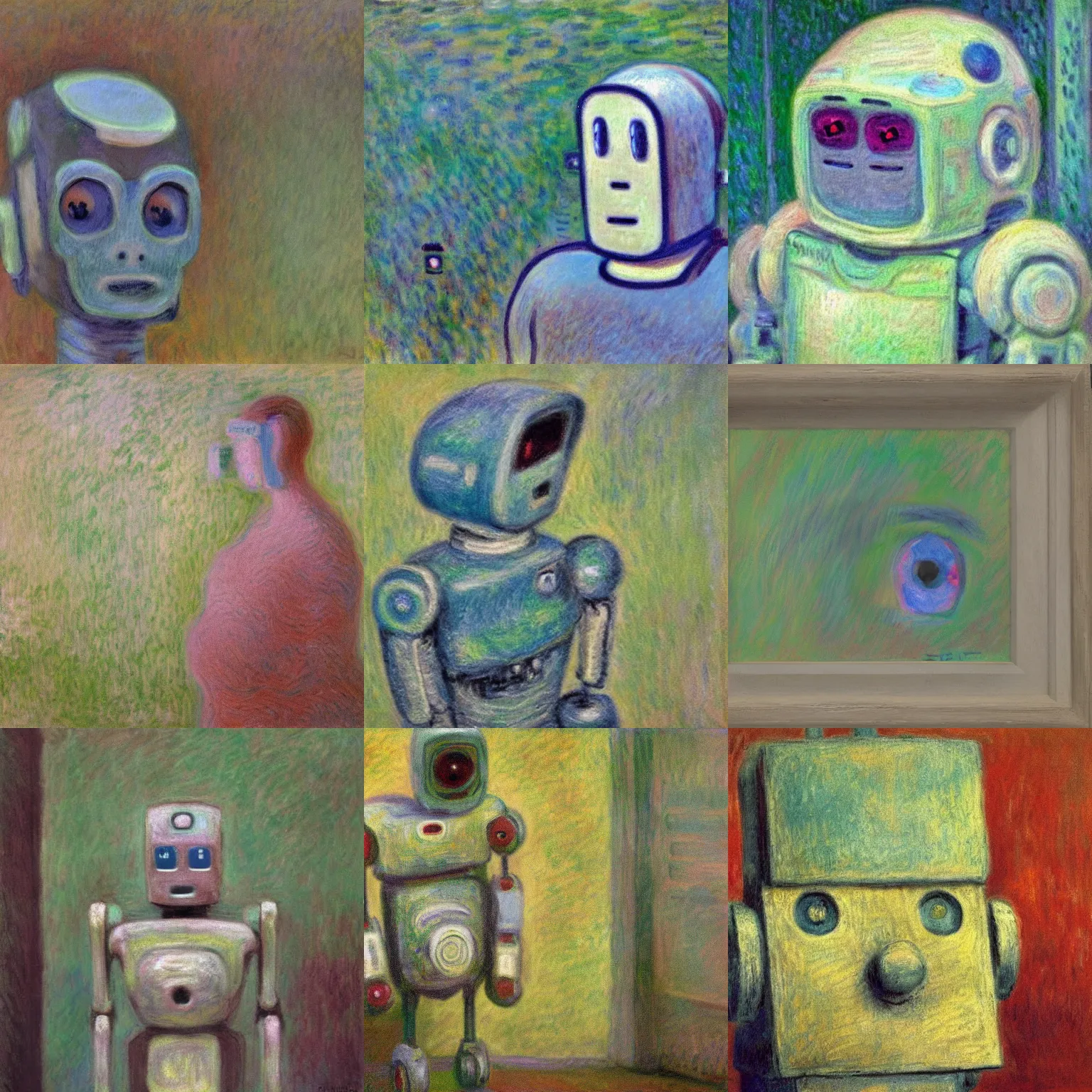 Prompt: impressionist painting of a crying robot. surreal, gloomy, pale, sad, weeping tears, pastel colours, claude monet h - 6 4 0