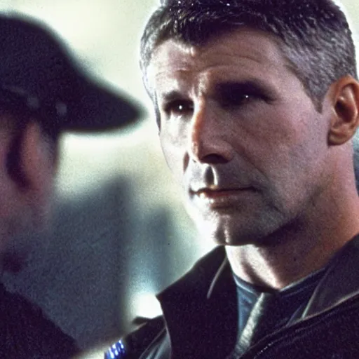 Image similar to film still blade runner Officer Deckard wearing techwear