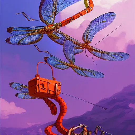 Prompt: a horde of dragonflies using cables to lift a tank, fantasy, digital art by RHADS and Moebius, artstation