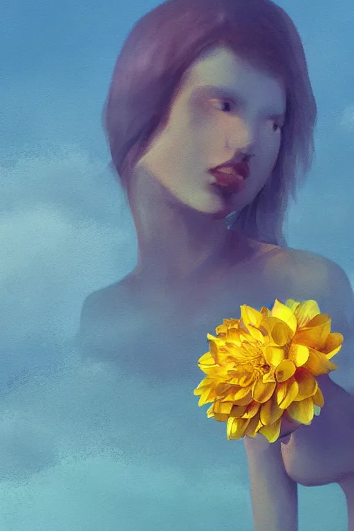 Image similar to closeup girl with huge yellow dahlia flower face, on beach, surreal photography, blue sky, sunrise, dramatic light, impressionist painting, digital painting, artstation, simon stalenhag