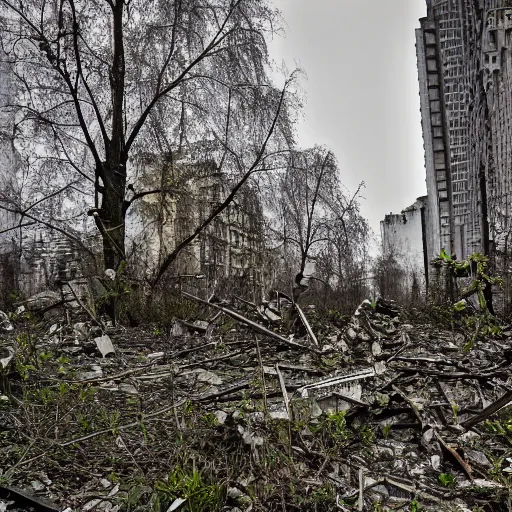 Image similar to photo of an overgrown Moscow in ruins