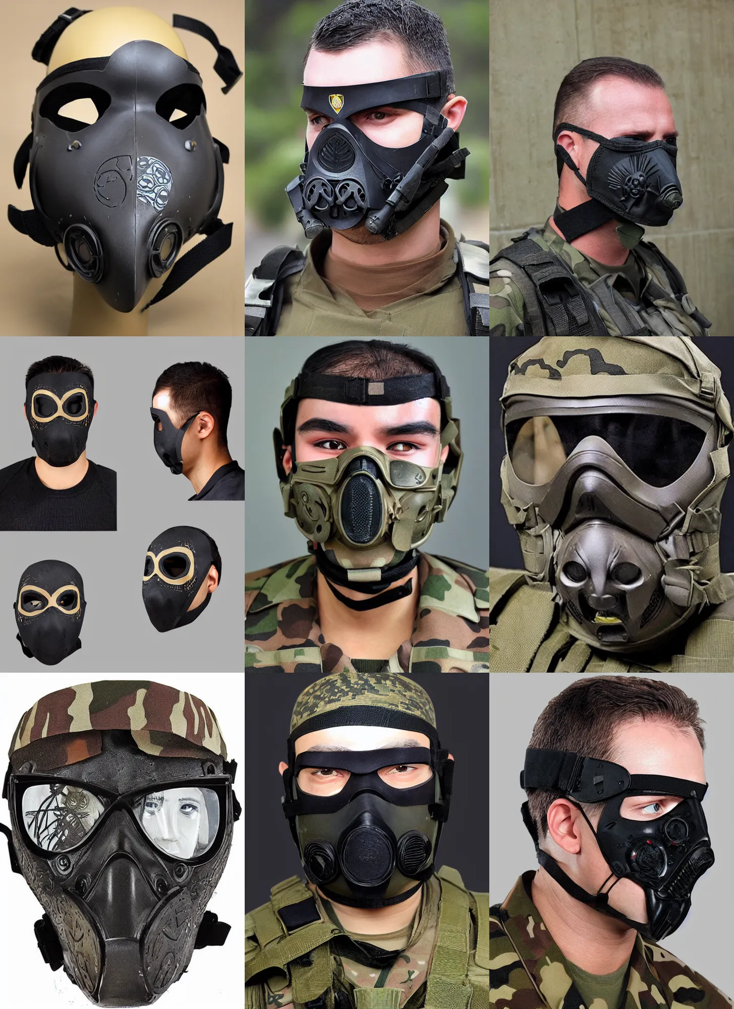 Prompt: spec - ops uniform mask with round skull pattern on forehead, special forces, dark design