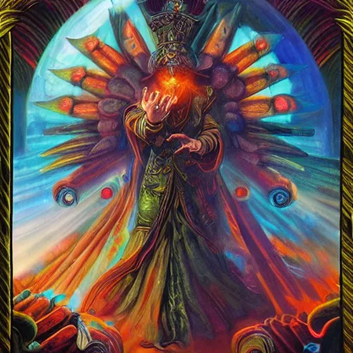 Image similar to crazy hermetic magician working with elementals, picture full of symbolism, tarotlike, dynamic colours, hyper detailed, hyper realistic