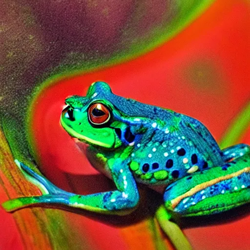 Prompt: realistic portrait of a flower frog, galaxy background Annie Leibovitz style,
