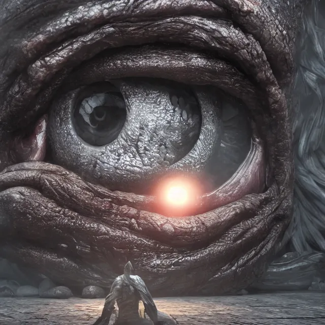 Image similar to eye monster, monster made of eyes as a boss in dark souls, dark cinematic, volumetric, realistic, cinematic lighting, ray tracing, unreal engine 5, unreal engine render, octane render, hyper realistic, photo, 8 k