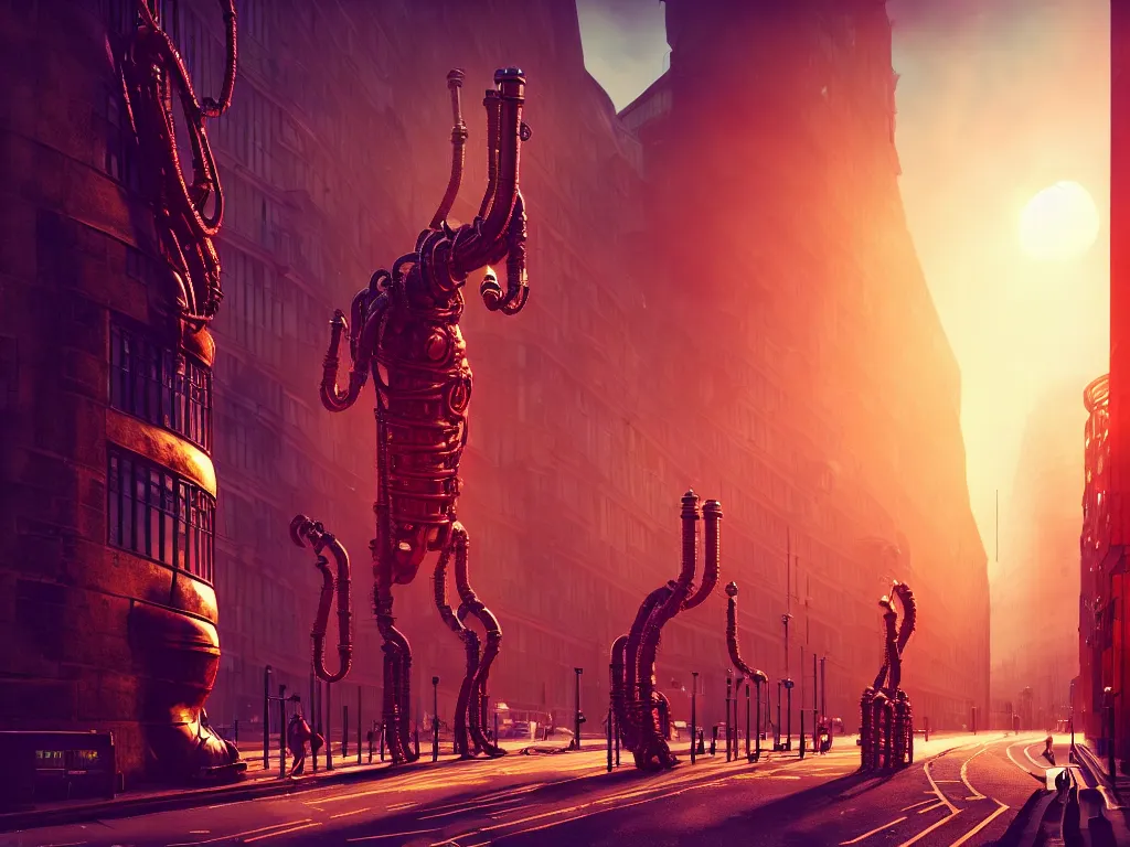 Image similar to a giant ancient beautiful cyborg of the elder gods with pipes and tubes in the city of London, London streets in background, colourful, dramatic lighting, golden hour, very detailed octane render very realistic beautiful