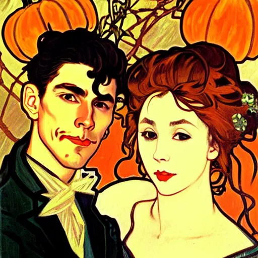 Image similar to painting of handsome young beautiful jeff and gorgeous rina together at the jack o'lantern halloween party, elegant, clear, painting, stylized, art, art by alphonse mucha, vincent van gogh, egon schiele,