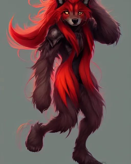 Image similar to character concept art of a black anthropomorphic furry male wolf long red hair | | cute - fine - face, pretty face, key visual, realistic shaded perfect face, fine details by stanley artgerm lau, wlop, rossdraws, james jean, andrei riabovitchev, marc simonetti, and sakimichan, trending on artstation