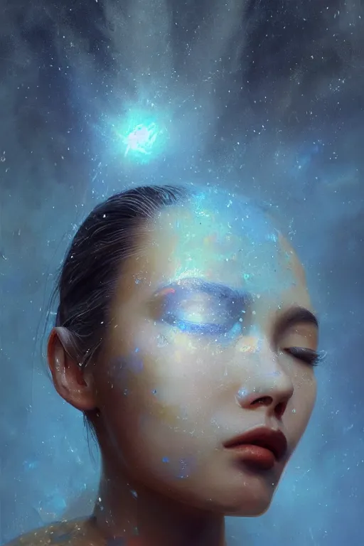 Prompt: sci - fi, close - up, 3 d, stars, fashion model face closed eyes, cinematic, clouds, sun rays, vogue cover style, poster art, blue mood, realistic painting, intricate oil painting, high detail illustration, figurative art, multiple exposure, water, 3 d, by tooth wu and wlop and beeple and greg rutkowski