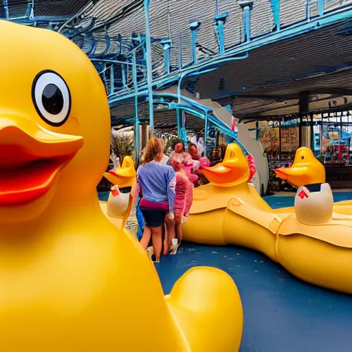Prompt: rollercoaster that has a giant rubber duck in the middle of it