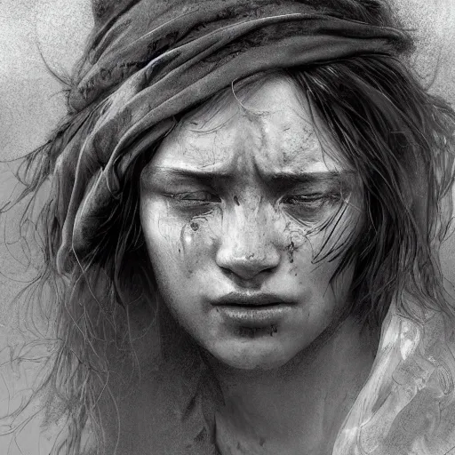 Prompt: Epic portrait A homeless female, sad, tearing up, dirty clothes, dirty face, digital painting, artstation, concept art, soft light, hdri, smooth, sharp focus, illustration, fantasy, intricate, elegant, highly detailed, D&D, matte painting, in the style of Greg Rutkowski and Alphonse Mucha and artemisia, 8k, highly detailed, jurgens, rutkowski, bouguereau, pastoral, rustic, georgic