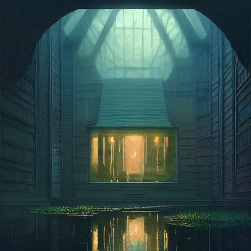 Prompt: professional ominous concept art architecture of a dark room with an indoor pond by artgerm and greg rutkowski. an intricate, elegant, highly detailed digital painting, concept art, smooth, sharp focus, illustration, in the style of simon stalenhag, wayne barlowe, and igor kieryluk.