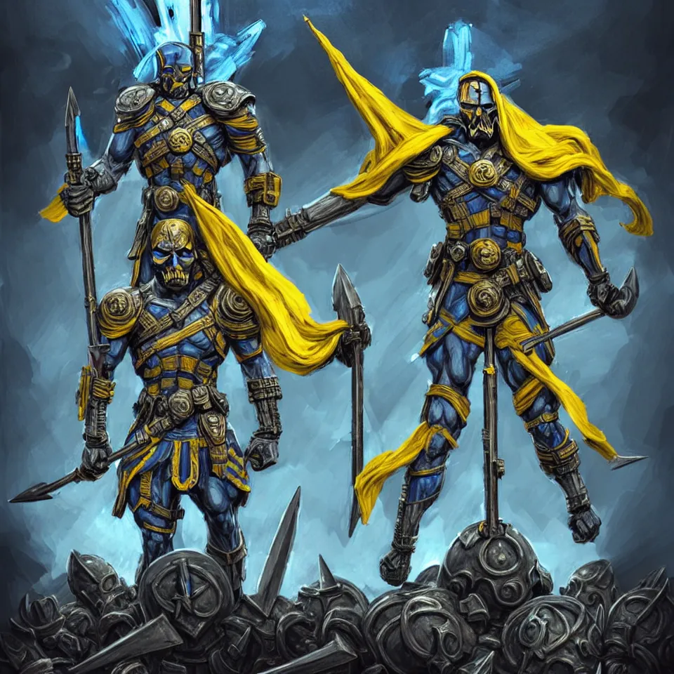 Image similar to a distant shot of one!!!!! single super soldier with blue and yellow flag and a trident symbol standing alone on a huge pile of skulls as a winner, masculine figure, D&D, fantasy, intricate, elegant, highly detailed, extremely detailed, digital painting, artstation, concept art, matte, smooth, sharp focus, illustration, art by Artgerm and Greg Rutkowski and Alphonse Mucha