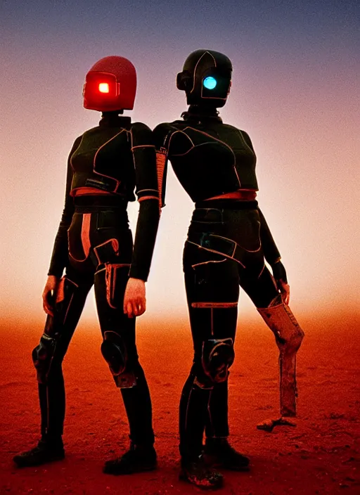 Image similar to cinestill 5 0 d photographic portrait by steve mccurry of two loving female androids wearing rugged black mesh techwear on a desolate plain with a red sky, extreme closeup, dust storm, 8 k, hd, high resolution, 3 5 mm, f / 3 2, ultra realistic faces, ex machina, cyberpunk 2 0 7 7