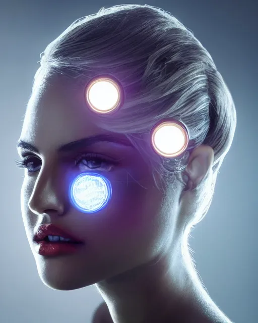 Image similar to centered portrait of soulful eiza gonzalez as a solarpunk mecha humanoid robotic parts with bright led lights, real human face, pudica gesture bouguereau style, in white room, ultra - realistic and intricate, soft portrait shot 8 k