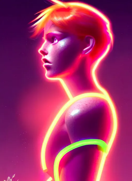 Prompt: an extremely beautiful ginger female humanoid with freckled cheeks, cyber neon lighting, by loish, d & d, fantasy, futurism, cyberpunk fashion clothes, elegant profile posing, perfect anatomy, hyper photorealistic, digital photography, artstation, pinterest, concept art, art by pascal blanche and greg rutkowski,